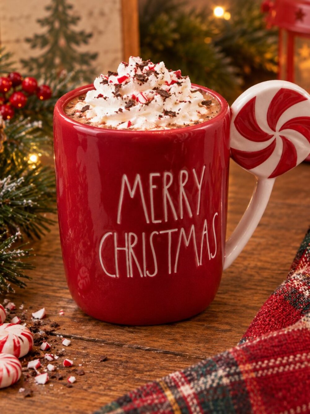 Rae Dunn Red "Merry Christmas" Ceramic Mug with Peppermint Handle